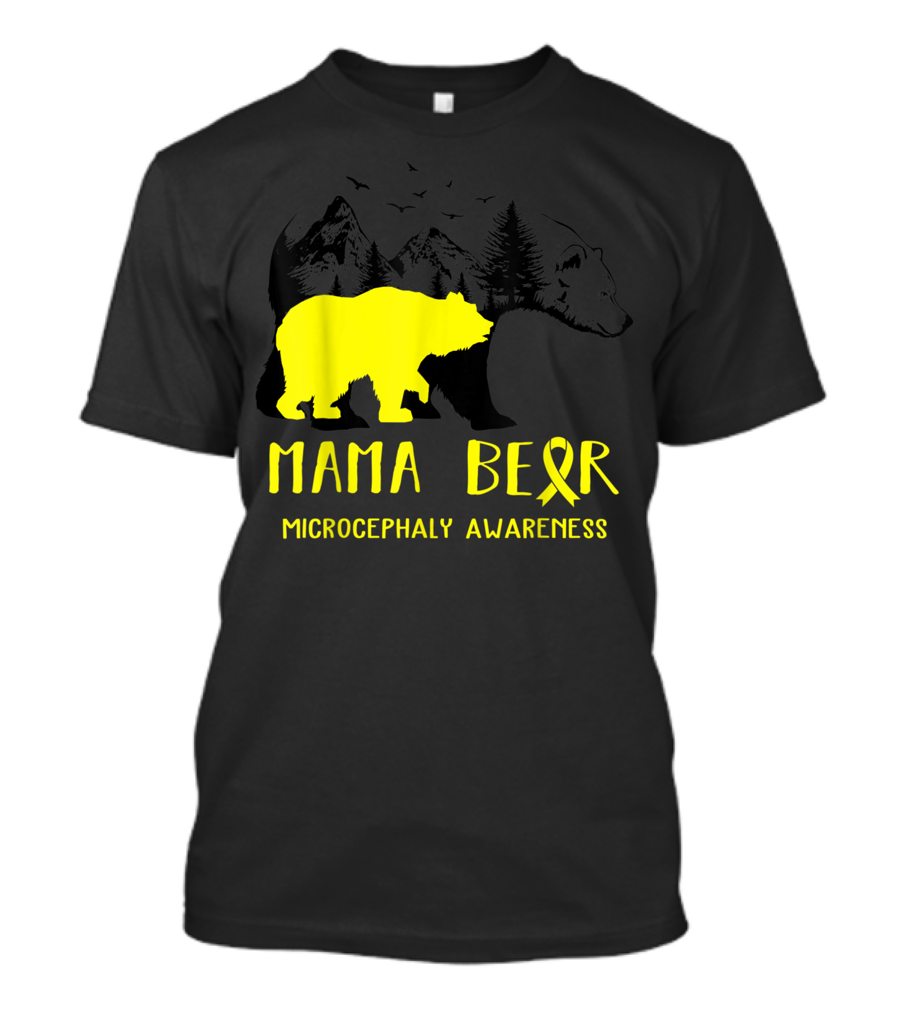 Mama Bear Microcephaly Awareness Yellow Ribbon Mountains Forest T-Shirt