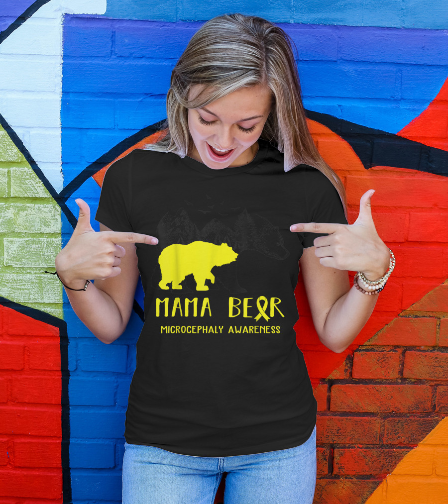 Mama Bear Microcephaly Awareness Yellow Ribbon Mountains Forest T-Shirt