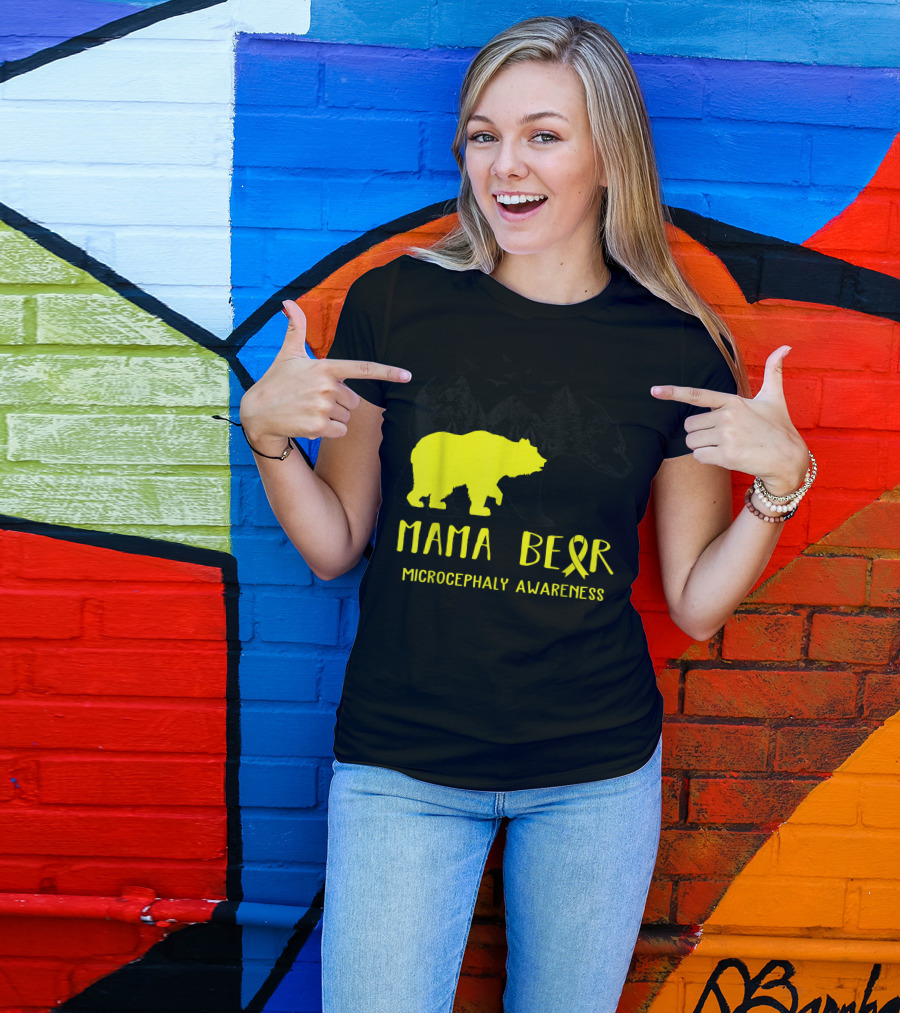 Mama Bear Microcephaly Awareness Yellow Ribbon Mountains Forest T-Shirt
