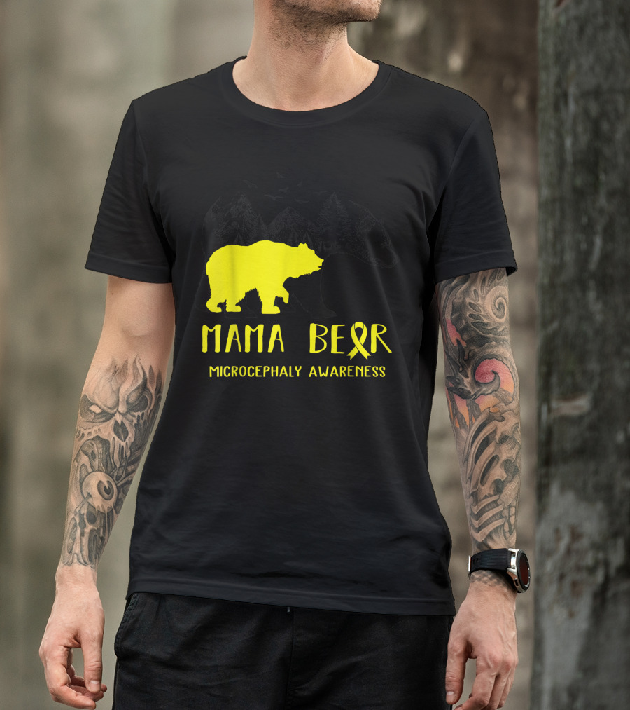Mama Bear Microcephaly Awareness Yellow Ribbon Mountains Forest T-Shirt