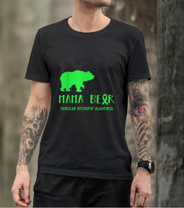 Mama Bear Muscular Dystrophy Awareness Ribbon And Bear Silhouette Forest Scene T-Shirt