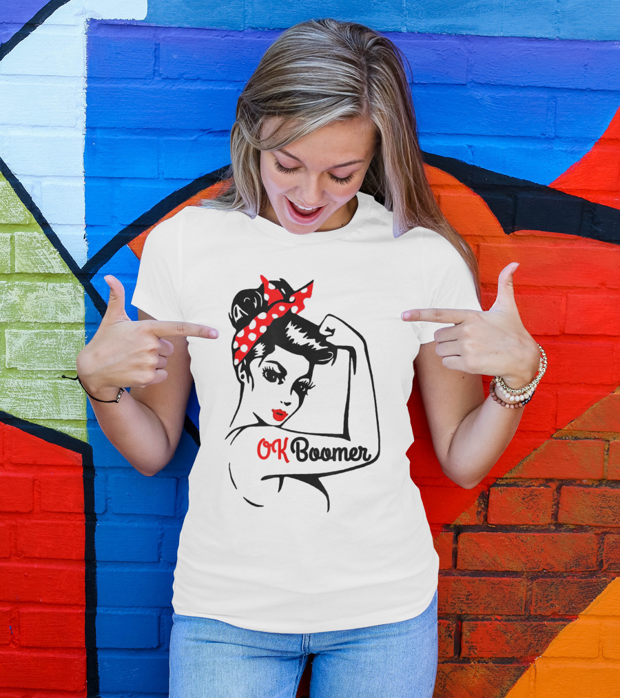 OK Boomer Rosie The Riveter Girl Red Polka Dot Bandana T-Shirt
