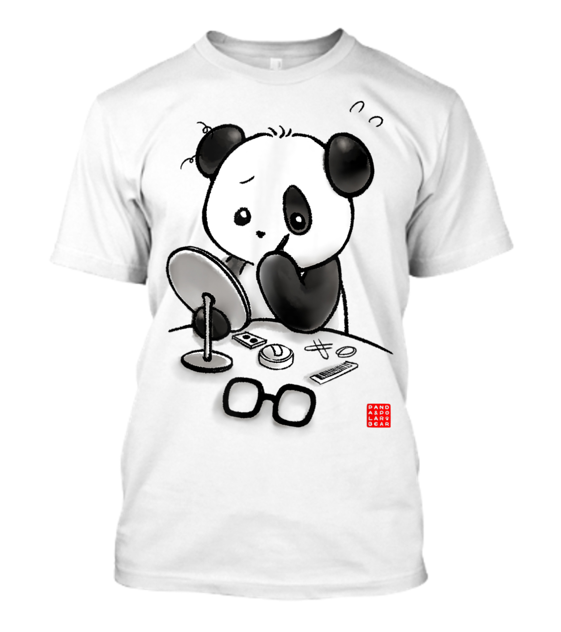 Panda Applying Makeup With Mirror And Accessories T-Shirt