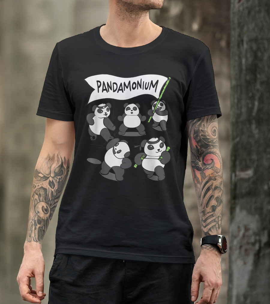Pandamonium Panda Bear Party With Bamboo And Flag T-Shirt