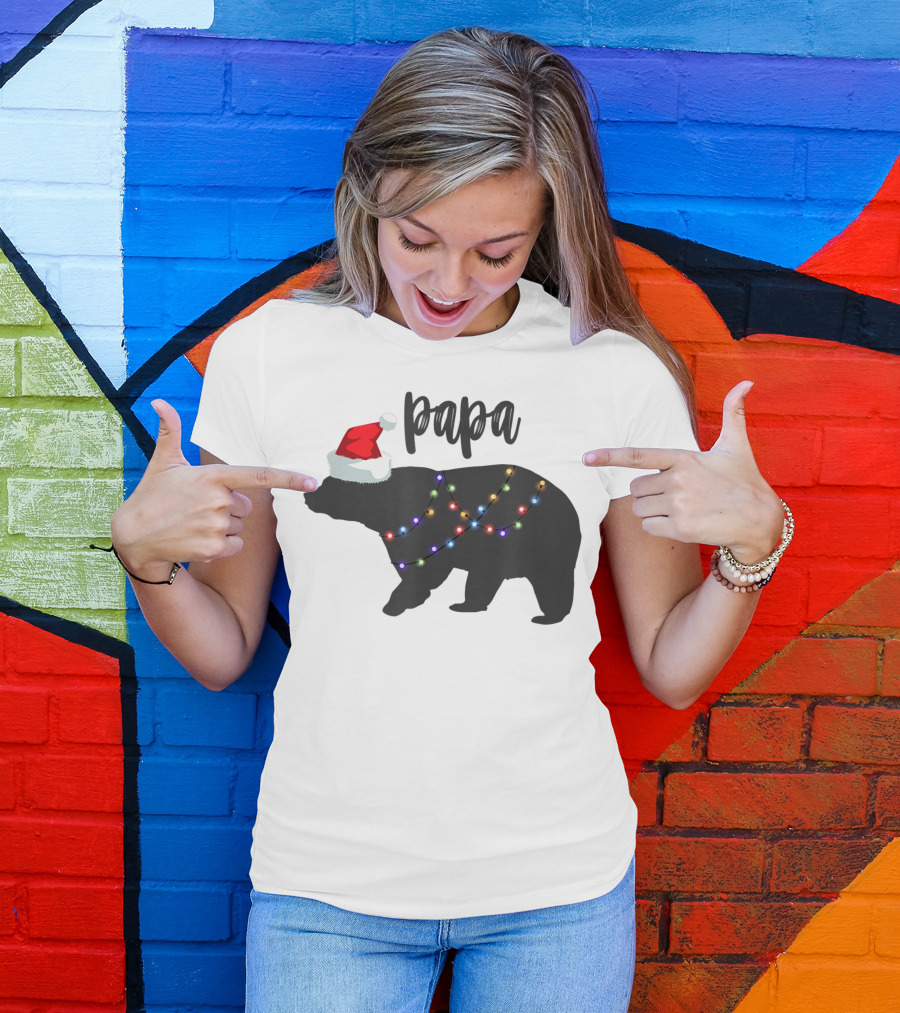 Papa Bear Christmas With Santa Hat And Family Lights T-Shirt