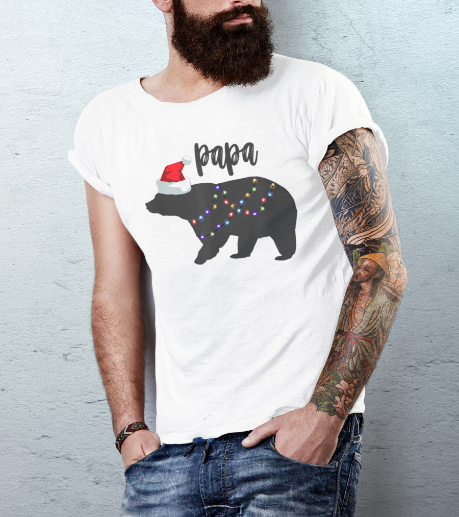 Papa Bear Christmas With Santa Hat And Family Lights T-Shirt