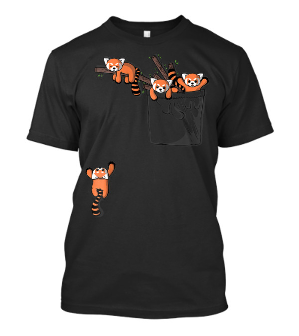 Pocket Series Cute Red Panda Bear Playing In Black Pocket With Tree Branches T-Shirt