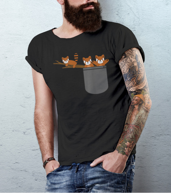 Red Panda Bear Trio Hanging Out Over Pocket Cool Unique T-Shirt