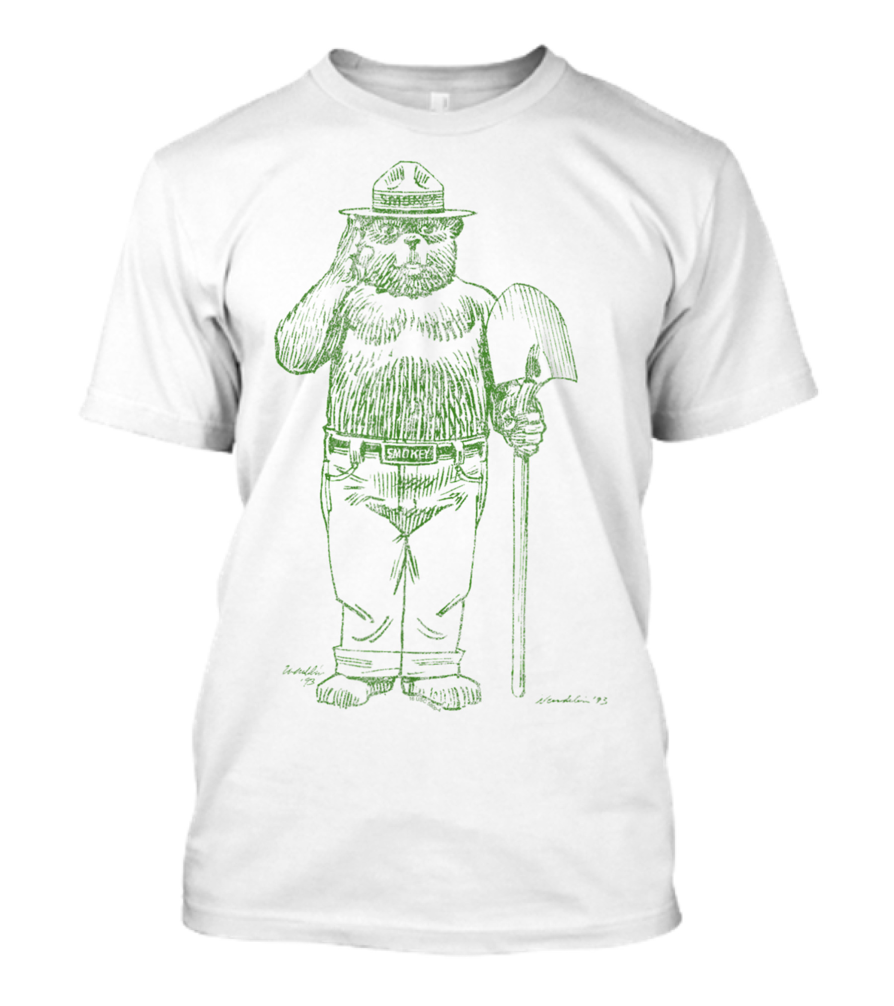 Smokey Bear Green Saluting With Shovel Drawing By Rendon '78 T-Shirt