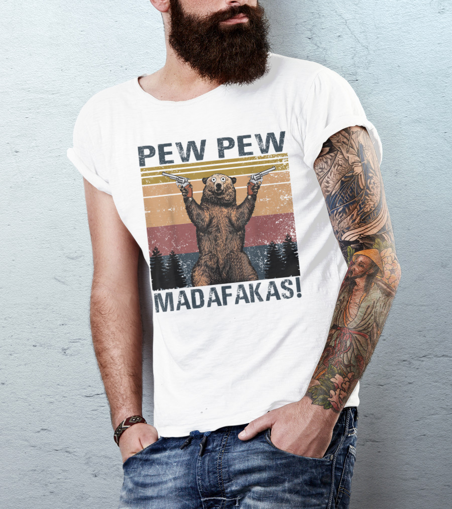 Pew Pew Madafakas Bear Retro Gun Humor T-Shirt