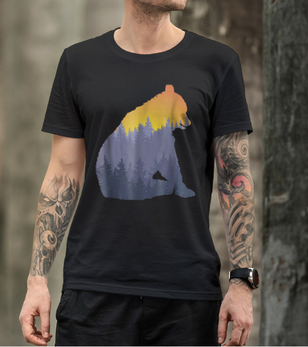 Black Bear Silhouette In Sunset Pine Tree Forest In Mountain T-Shirt