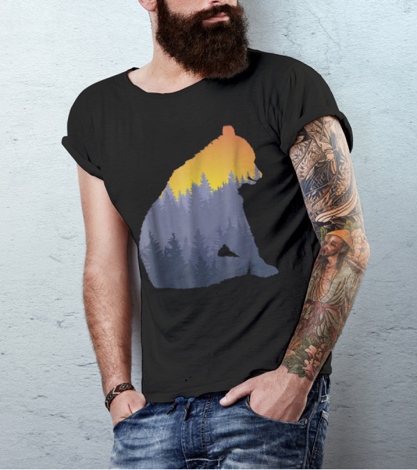 Black Bear Silhouette In Sunset Pine Tree Forest In Mountain T-Shirt