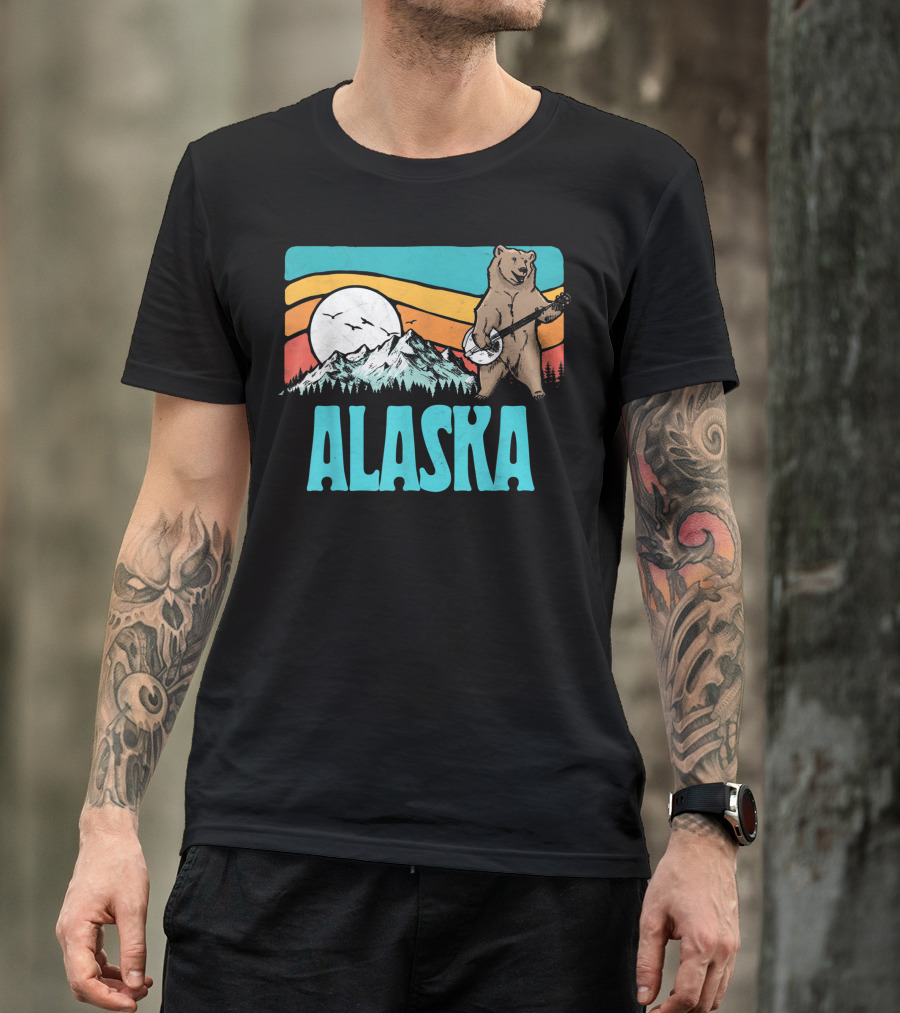 Alaska Bear Playing Banjo In Colorful Mountain Sunset Scene T-Shirt