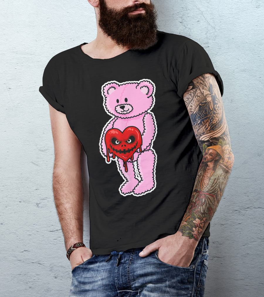 Anti Valentines Day Emo Goth Horror Teddy Bear Holding Dripping Red Heart T-Shirt