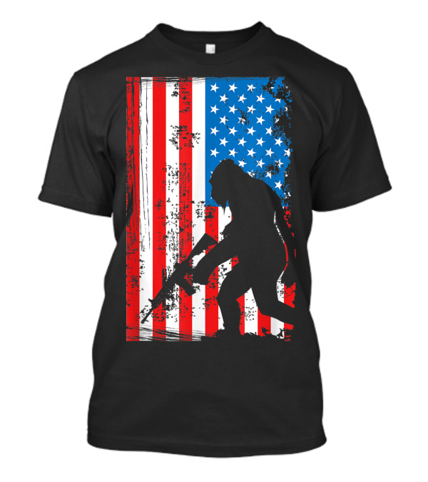 Bigfoot Sasquatch Armed AR-15 American Flag Patriotic T-Shirt