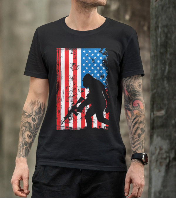 Bigfoot Sasquatch Armed AR-15 American Flag Patriotic T-Shirt