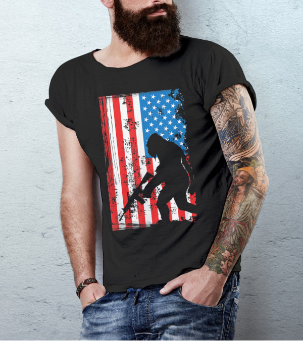 Bigfoot Sasquatch Armed AR-15 American Flag Patriotic T-Shirt