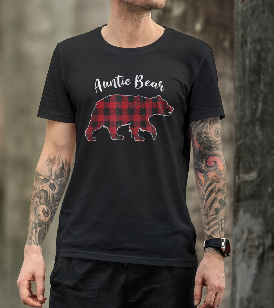 Auntie Bear Red Buffalo Plaid Christmas T-Shirt