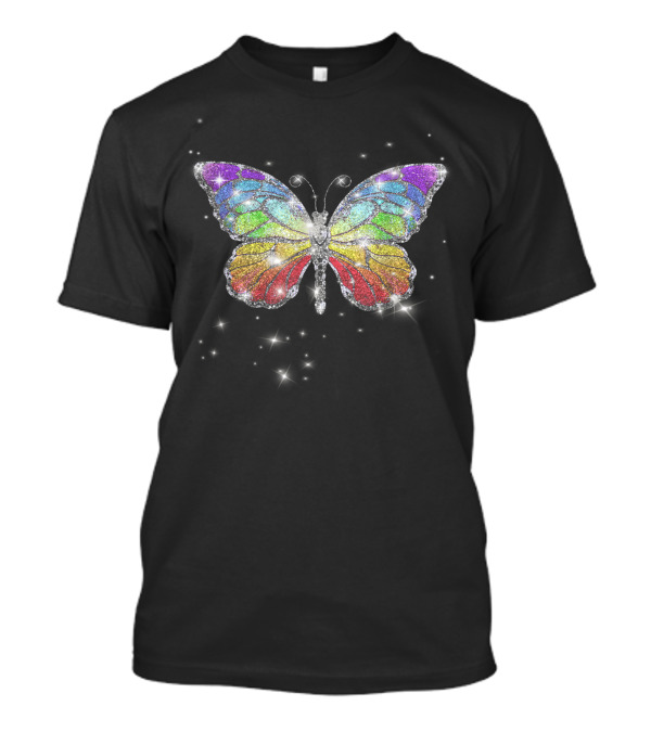 Beautiful Rainbow Butterfly With Glittering Stars T-Shirt