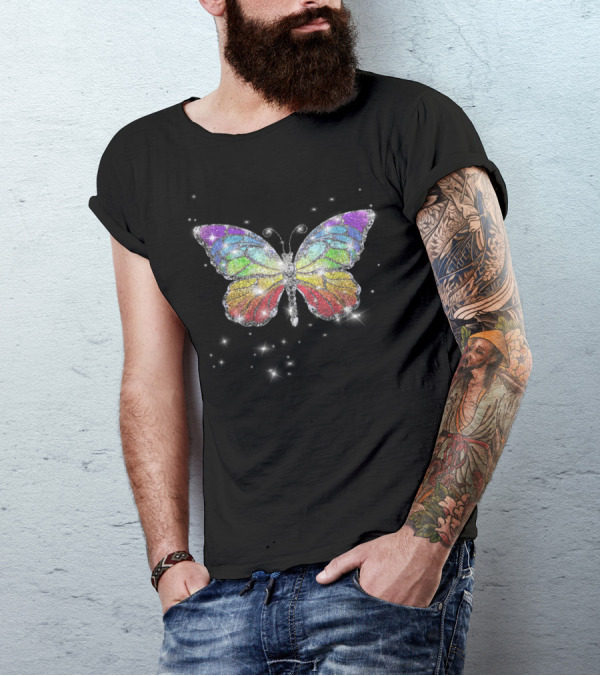 Beautiful Rainbow Butterfly With Glittering Stars T-Shirt