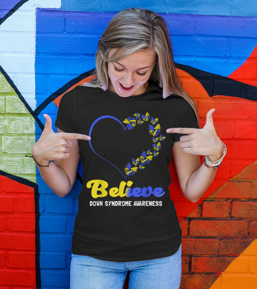 Believe Down Syndrome Awareness Butterfly Heart T-Shirt
