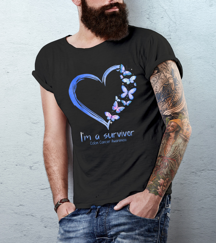 I'm A Survivor Blue Butterfly Heart Colon Cancer Awareness T-Shirt