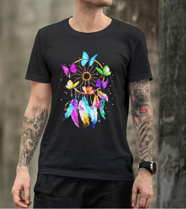 Dream Catcher With Colorful Butterflies And Feathers For Butterfly Lovers T-Shirt