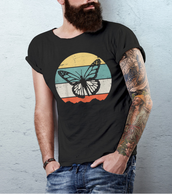 Butterfly Insect Vintage Stripes Circle T-Shirt