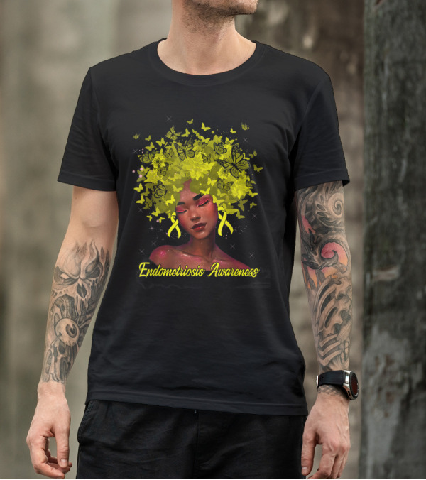 Endometriosis Awareness Butterfly Yellow Ribbon Girl With Blossoms T-Shirt
