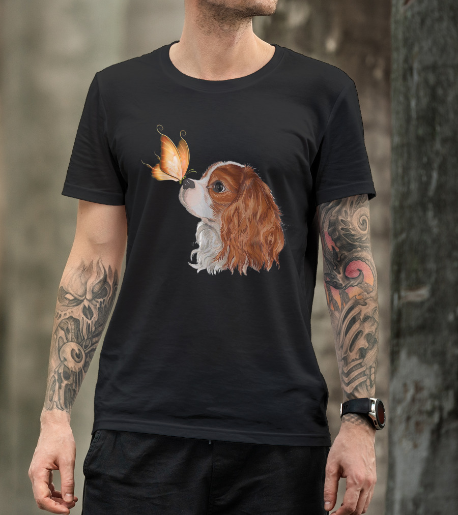 Cavalier King Charles Spaniel Nose To Nose With Orange Butterfly T-Shirt