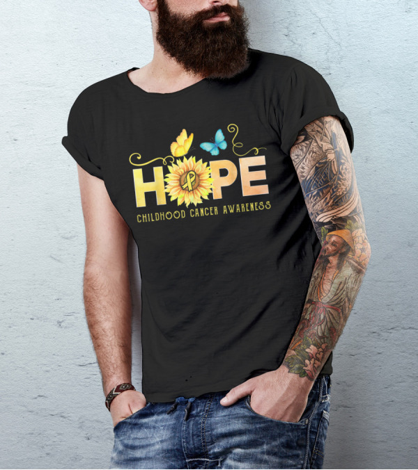 HOPE Sunflower Yellow Ribbon Butterfly Childhood Cancer Awareness T-Shirt