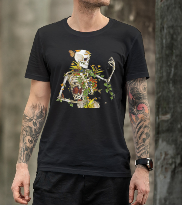 Cool Skeleton Plant Nature Flowers And Butterflies T-Shirt