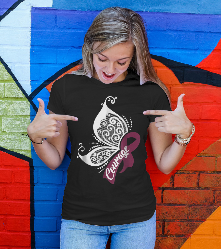 Courage Butterfly Wings Multiple Myeloma Awareness Ribbon Strong T-Shirt