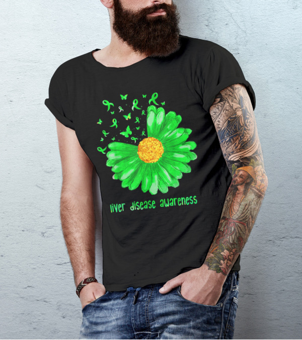 Liver Disease Awareness Daisy Butterfly Green T-Shirt
