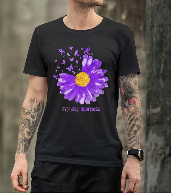 Daisy Butterfly Purple Ribbon Overdose Awareness Flower T-Shirt