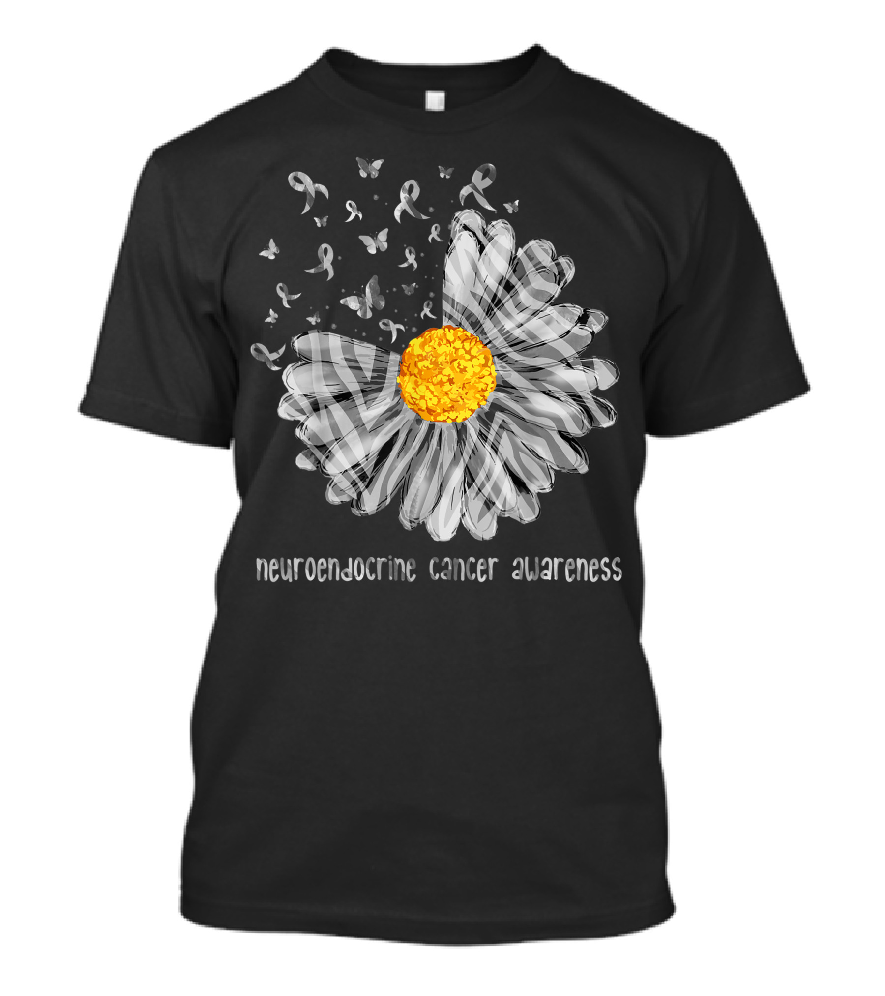 Neuroendocrine Cancer Awareness Daisy Butterfly Zebra T-Shirt