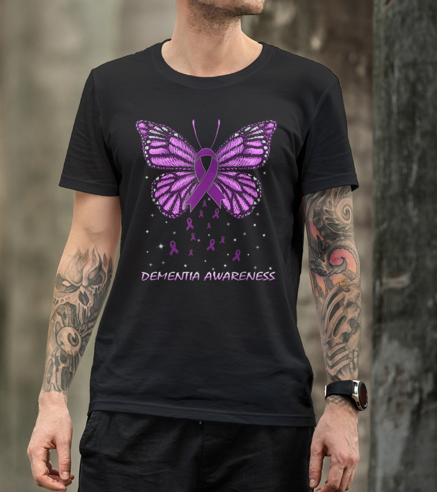 Dementia Awareness Purple Ribbon Butterfly With Sparkles T-Shirt
