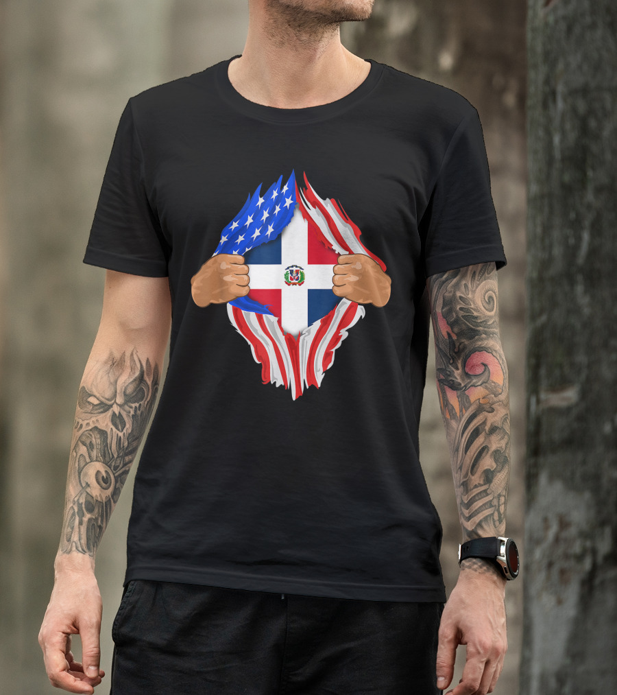 Dominican Blood Inside Me Dominican Republic Flag American Flag Ripped Open Hands T-Shirt
