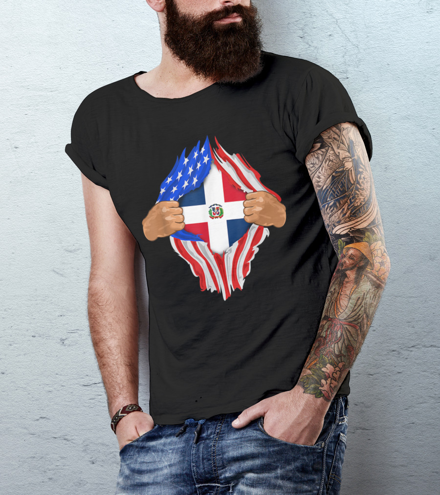 Dominican Blood Inside Me Dominican Republic Flag American Flag Ripped Open Hands T-Shirt