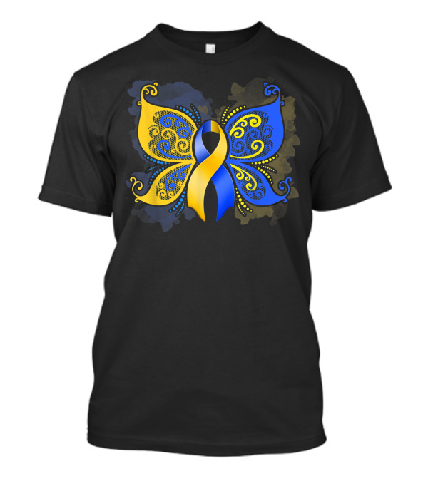 Down Syndrome Awareness Butterfly Ribbon Yellow Blue Swirls T-Shirt