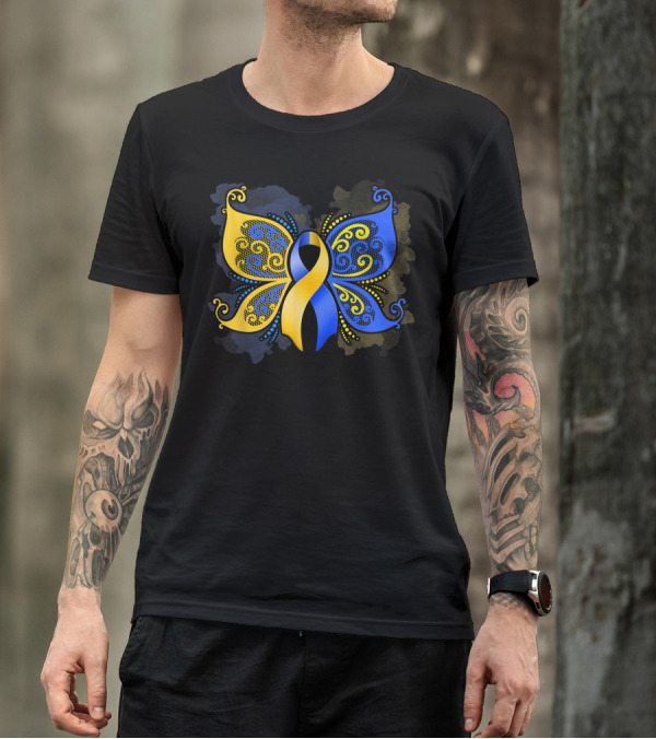 Down Syndrome Awareness Butterfly Ribbon Yellow Blue Swirls T-Shirt