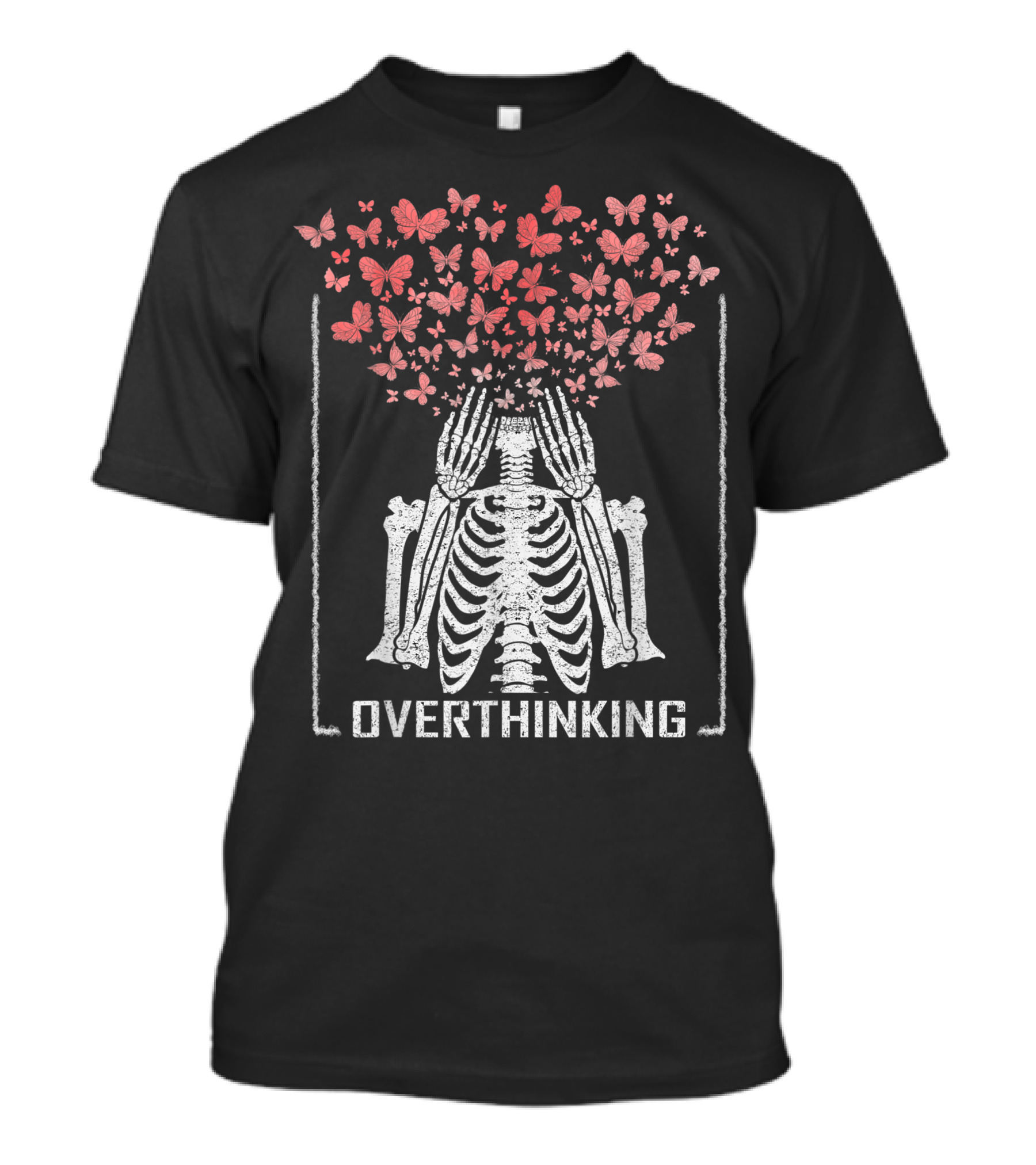 Overthinking Skeleton With Butterflies Emanating From Skull T-Shirt
