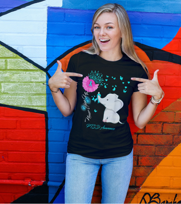 Never Give Up PTSD Awareness Elephant Butterfly T-Shirt