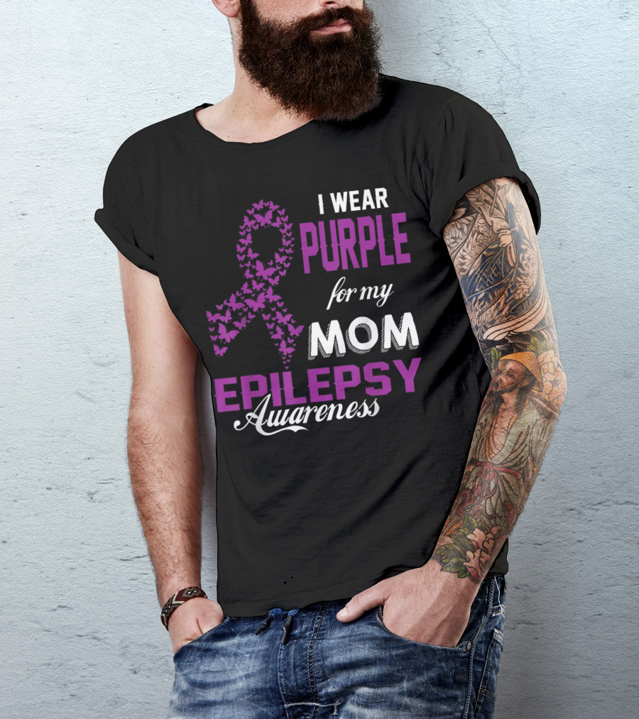 I Wear Purple For My Mom Epilepsy Awareness Butterfly T-Shirt