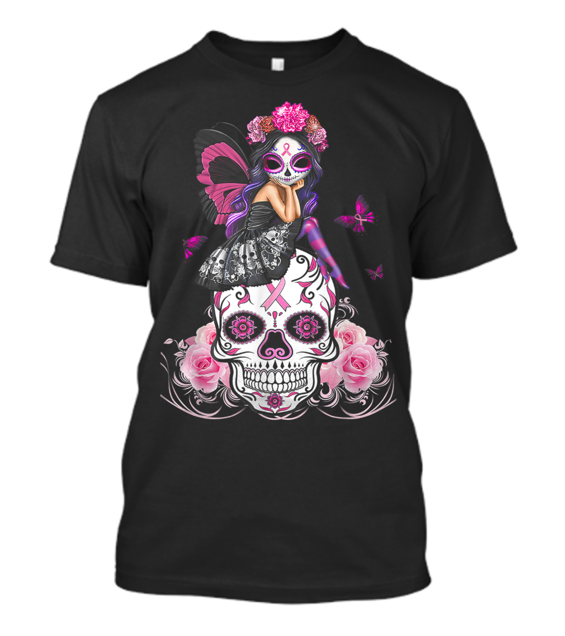 Fairy Sugar Skull With Breast Cancer Awareness Butterfly And Pink Ribbon Roses T-Shirt