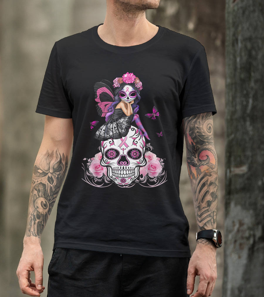 Fairy Sugar Skull With Breast Cancer Awareness Butterfly And Pink Ribbon Roses T-Shirt