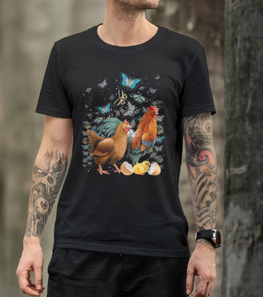 Farmer Farm Animal Butterflies Rooster Hen Chicken Chicks T-Shirt