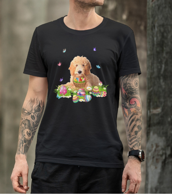 Goldendoodle With Easter Egg Basket And Butterflies T-Shirt