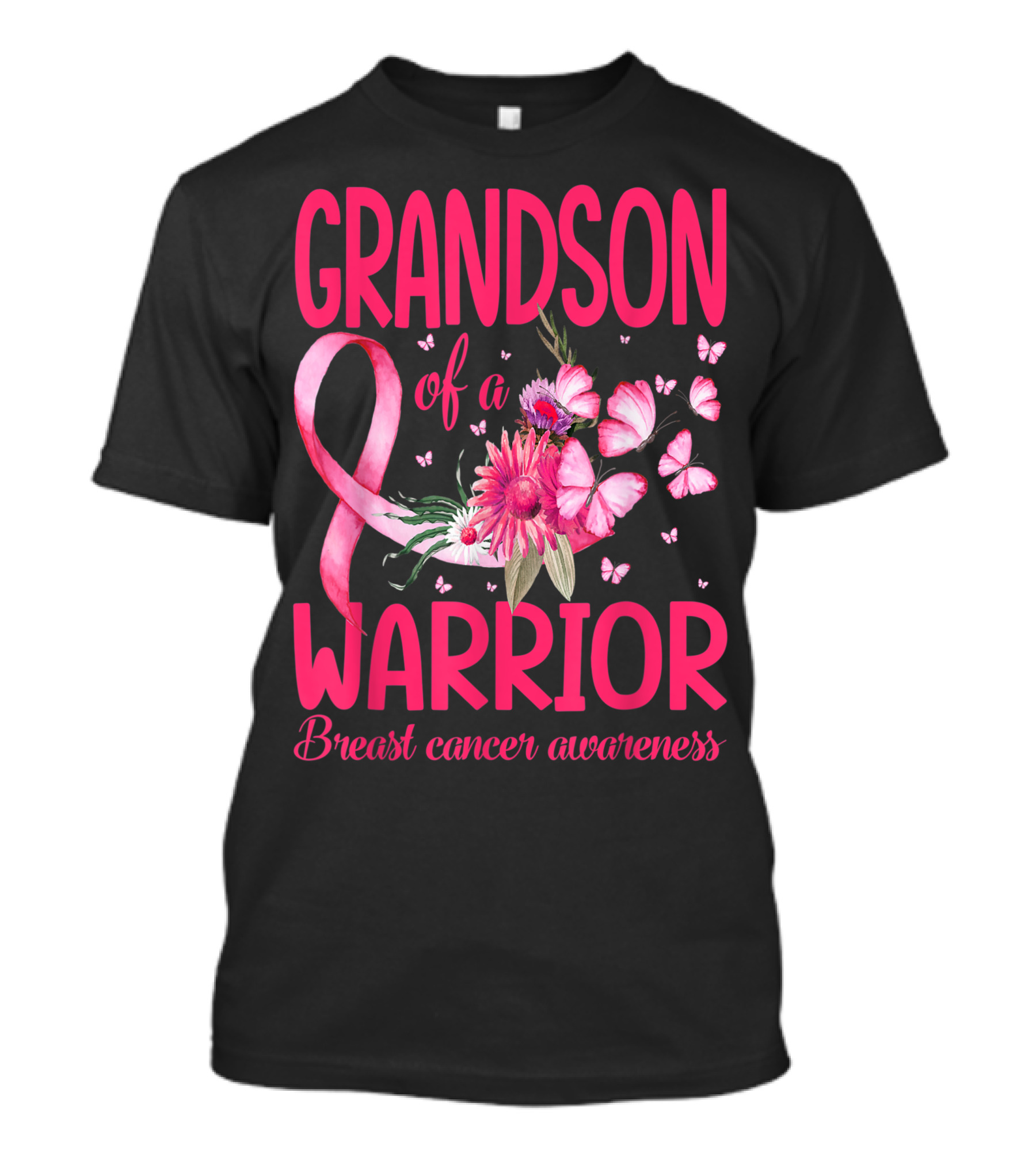 Grandson Of A Warrior Breast Cancer Awareness Pink Ribbon Flowers Butterflies T-Shirt