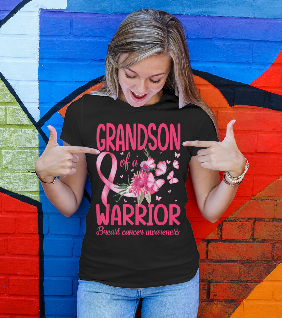 Grandson Of A Warrior Breast Cancer Awareness Pink Ribbon Flowers Butterflies T-Shirt